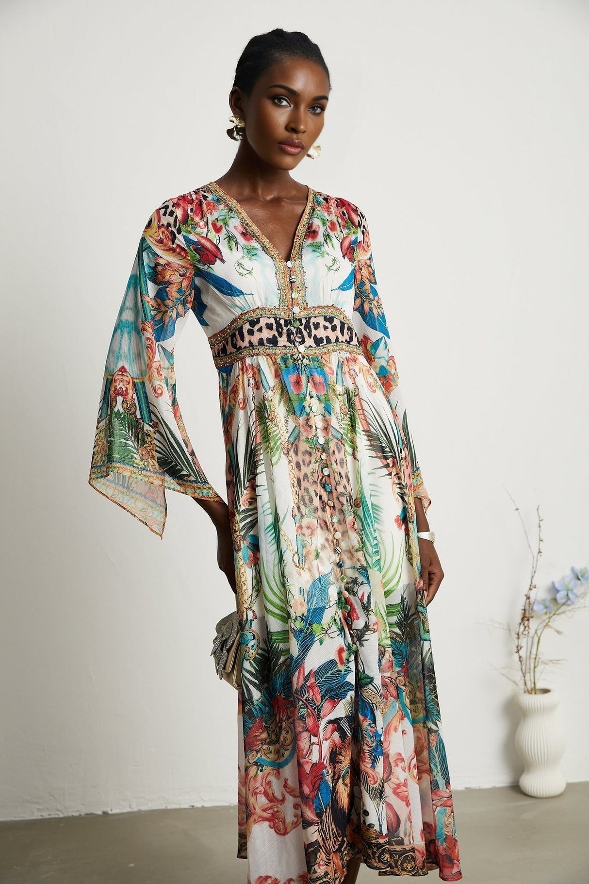 Camilla Midi Dress - Long Sleeves - Deep V - Neckline - All - over Graphic - Crystal Embellishment