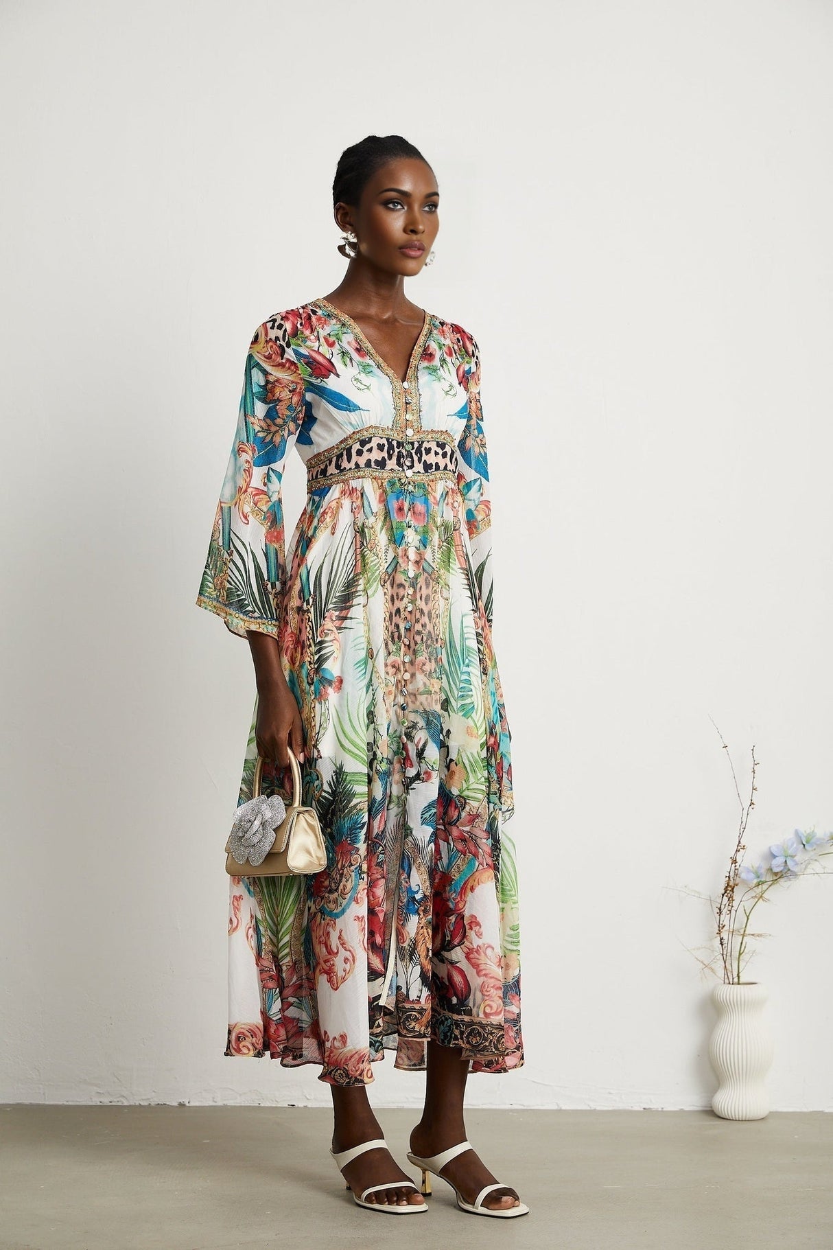 Camilla Midi Dress - Long Sleeves - Deep V - Neckline - All - over Graphic - Crystal Embellishment