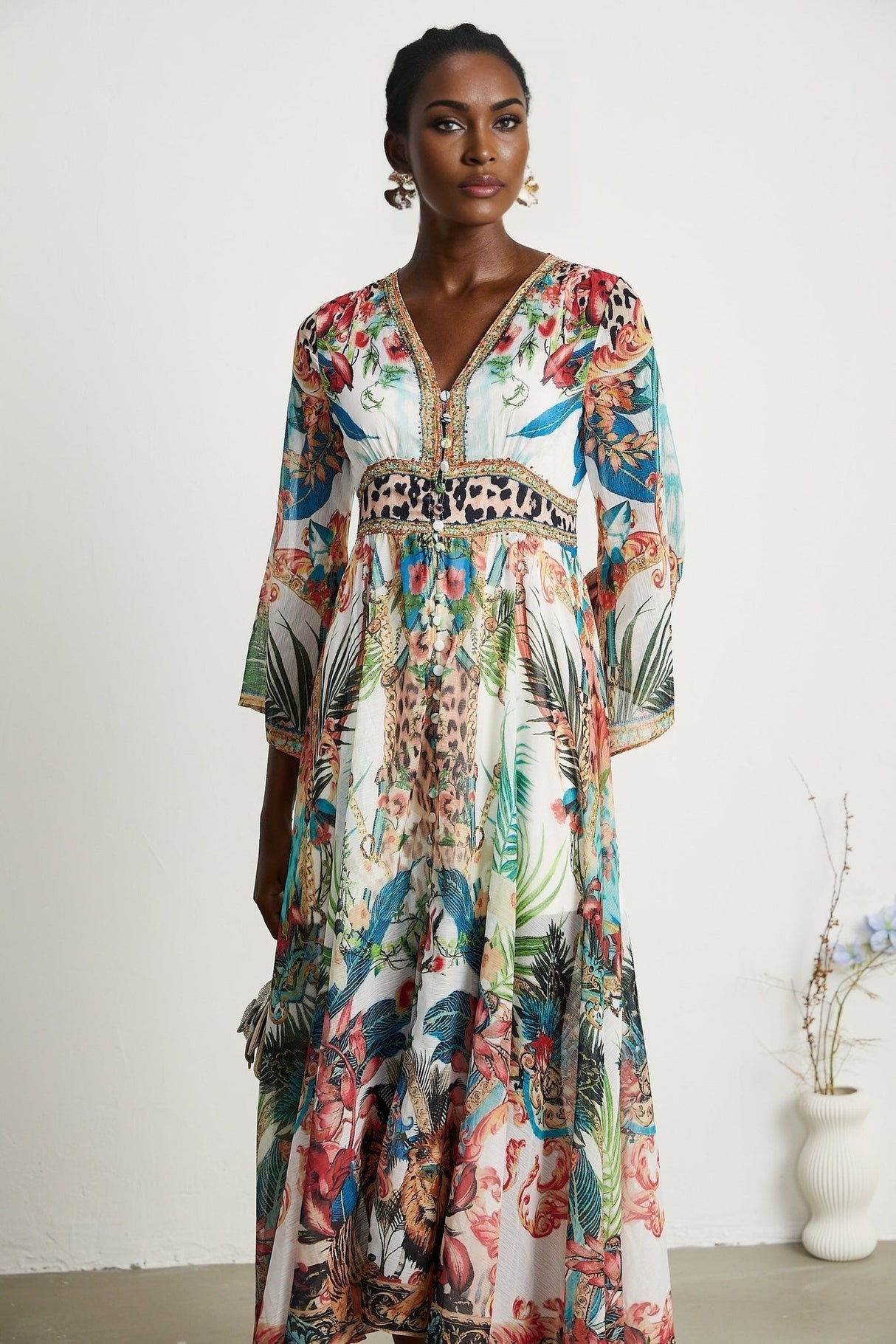 Camilla Midi Dress - Long Sleeves - Deep V - Neckline - All - over Graphic - Crystal Embellishment