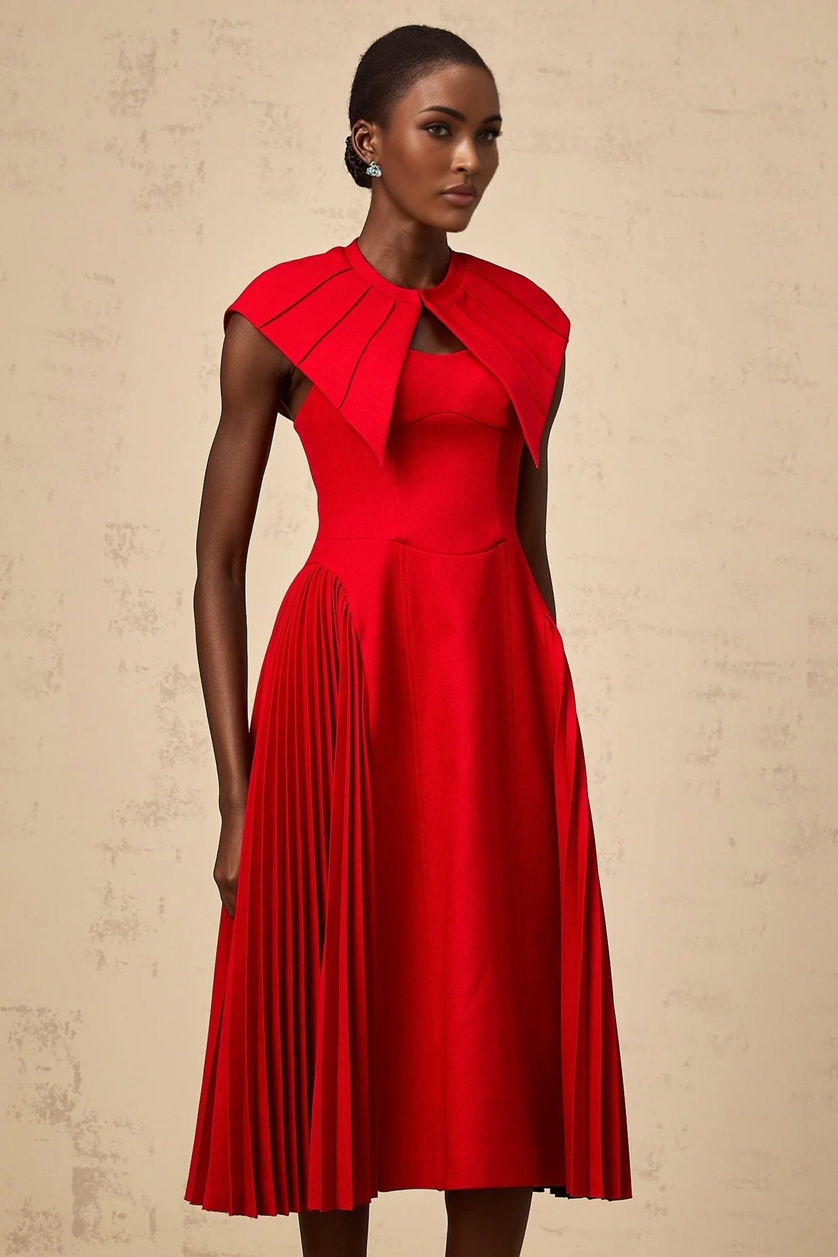Camilla Midi Dress Red Pleated Cape & Spaghetti Straps