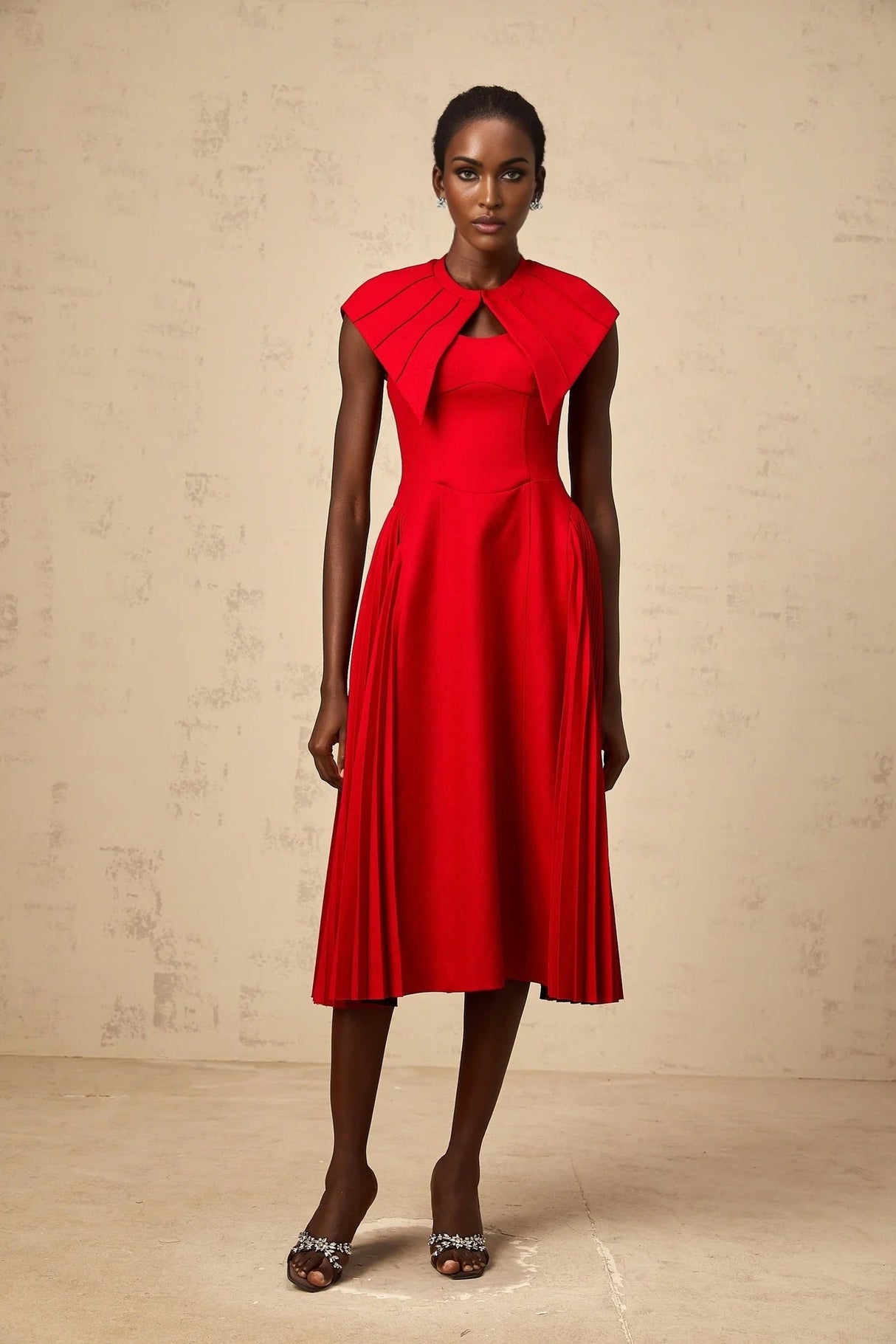 Camilla Midi Dress Red Pleated Cape & Spaghetti Straps