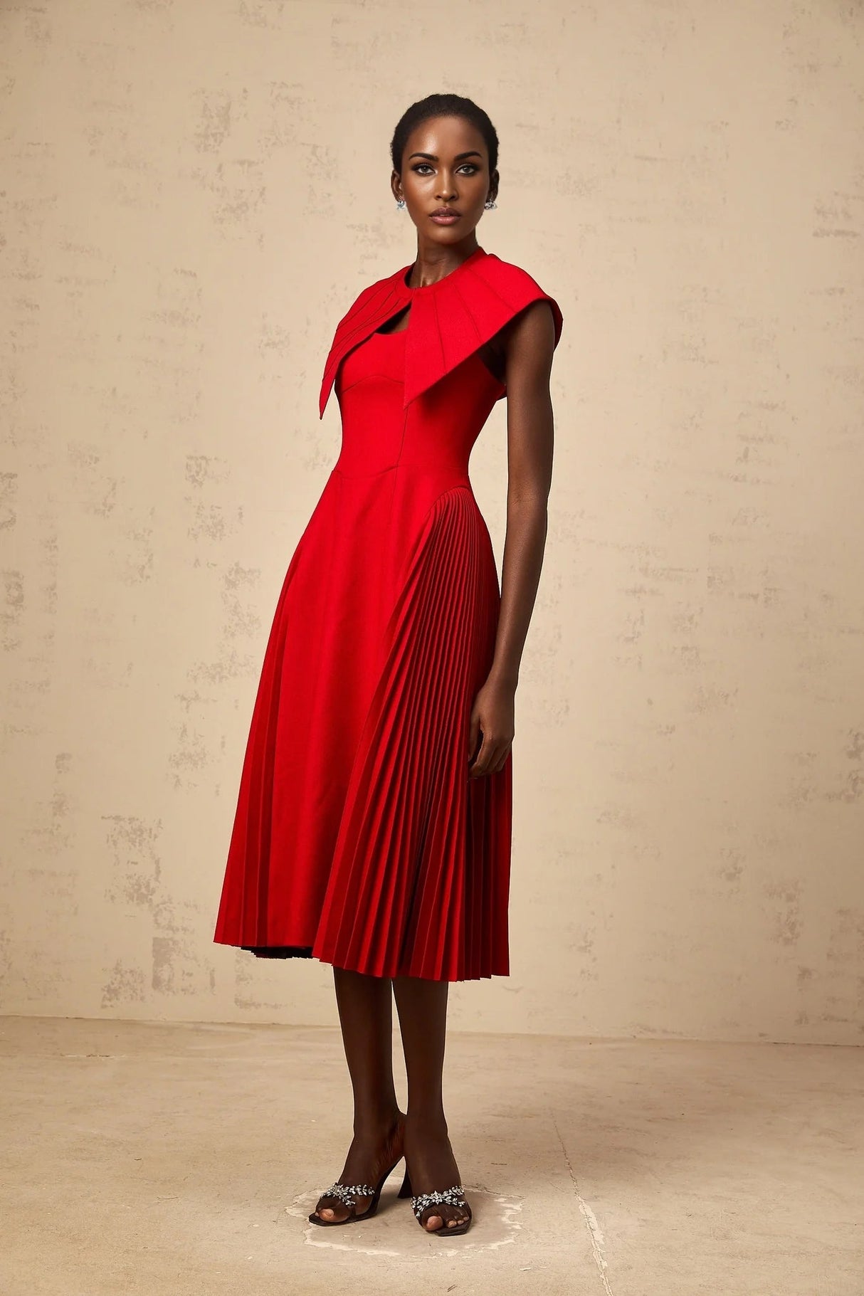 Camilla Midi Dress Red Pleated Cape & Spaghetti Straps