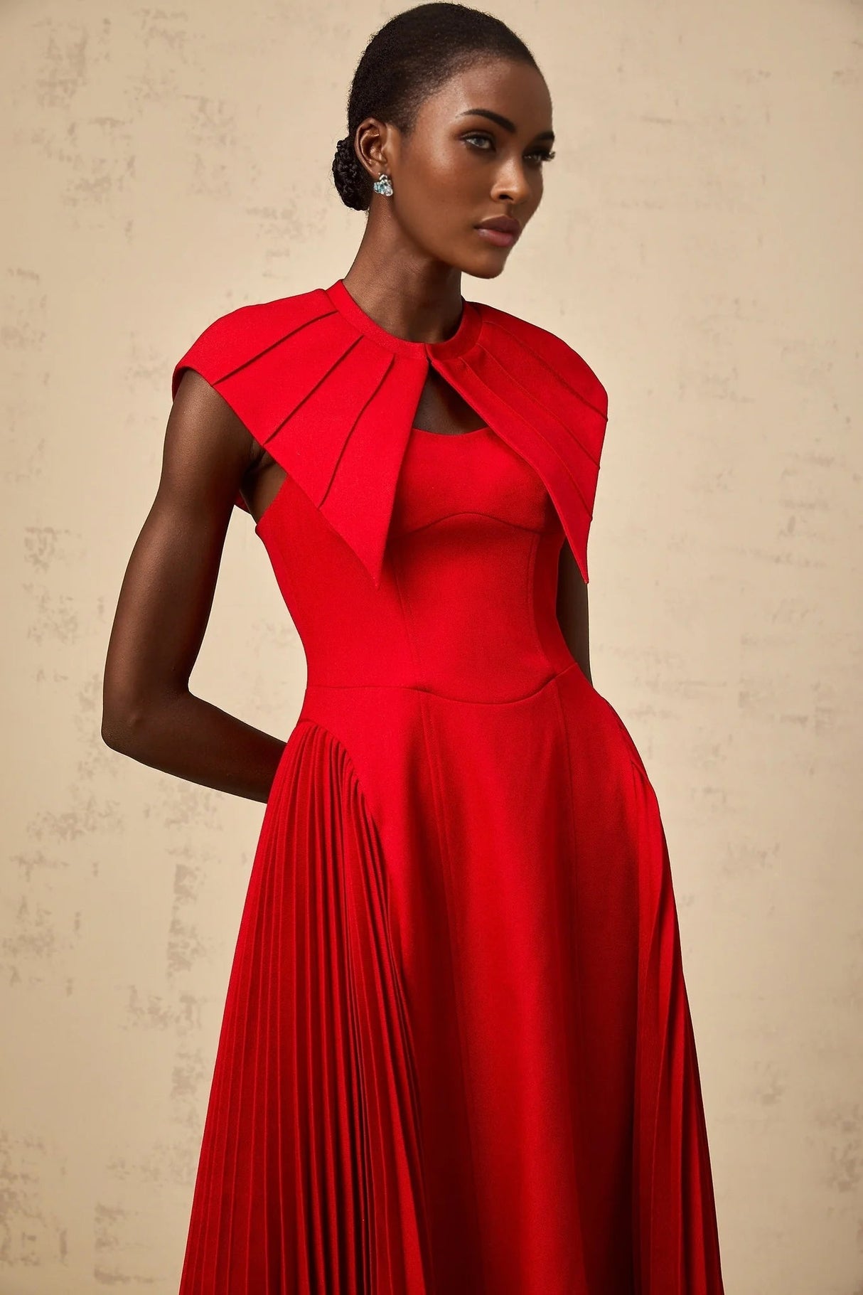 Camilla Midi Dress Red Pleated Cape & Spaghetti Straps