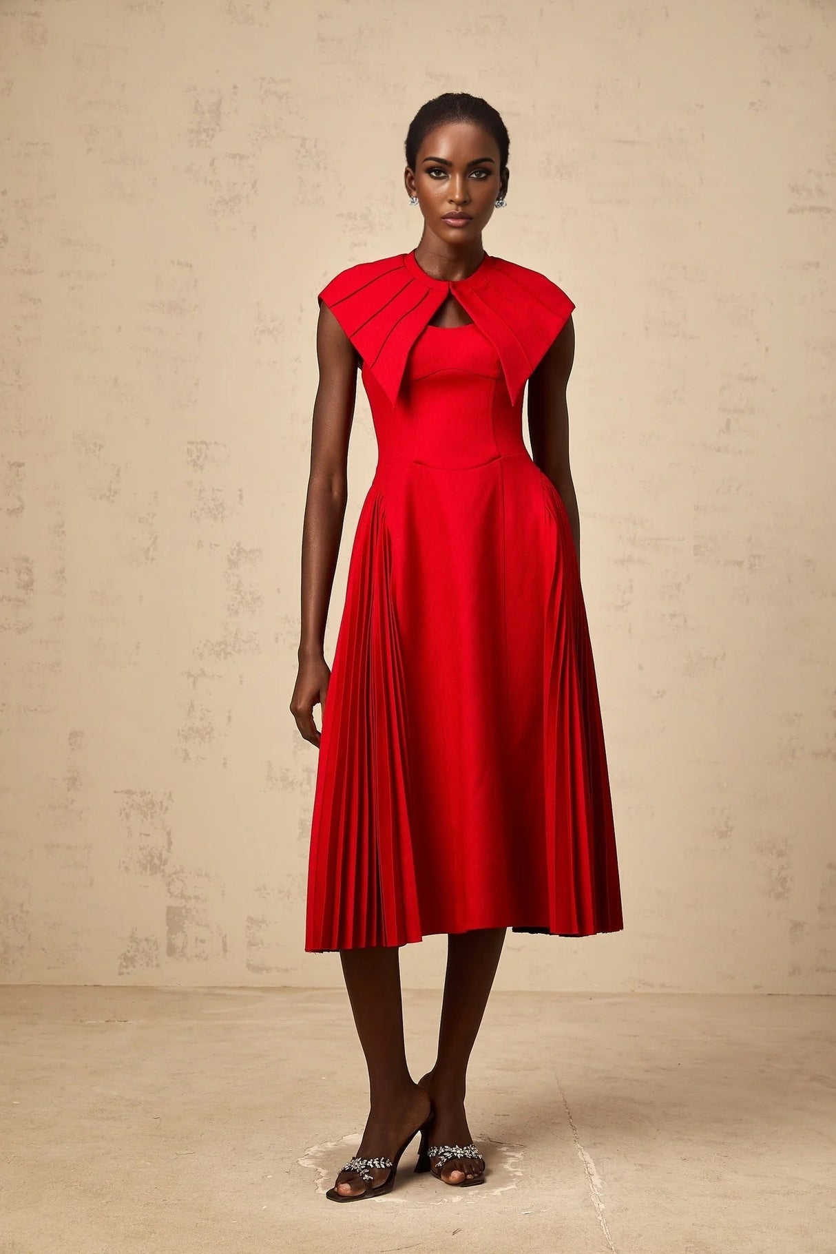 Camilla Midi Dress Red Pleated Cape & Spaghetti Straps