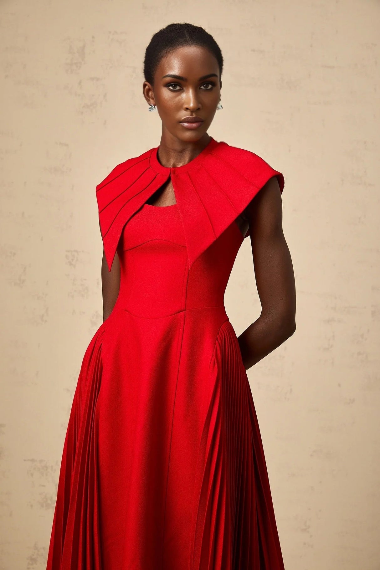Camilla Midi Dress Red Pleated Cape & Spaghetti Straps