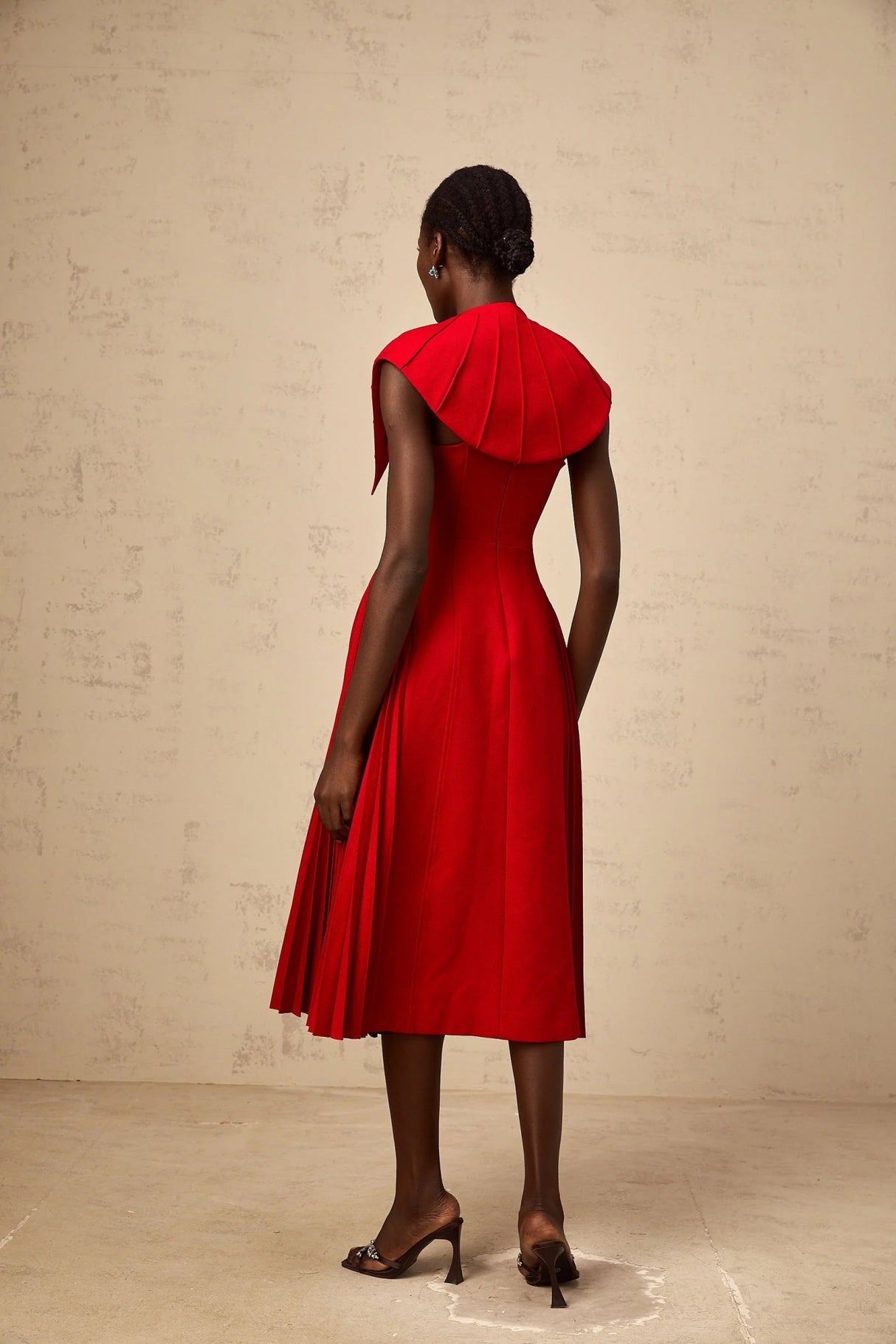 Camilla Midi Dress Red Pleated Cape & Spaghetti Straps