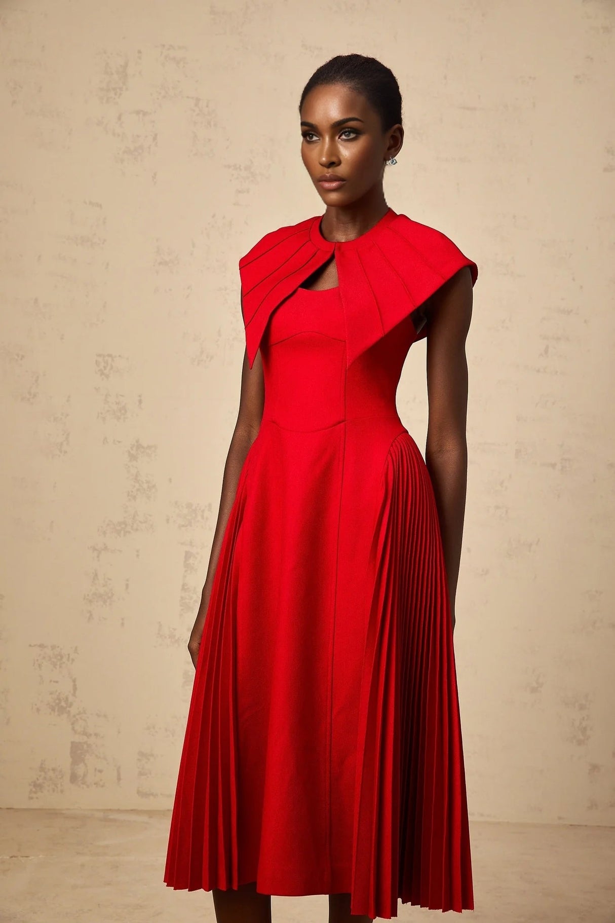 Camilla Midi Dress Red Pleated Cape & Spaghetti Straps
