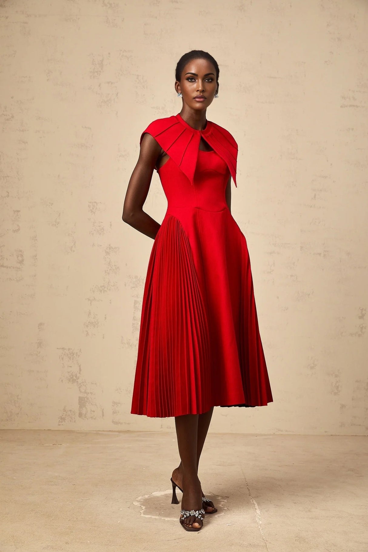 Camilla Midi Dress Red Pleated Cape & Spaghetti Straps