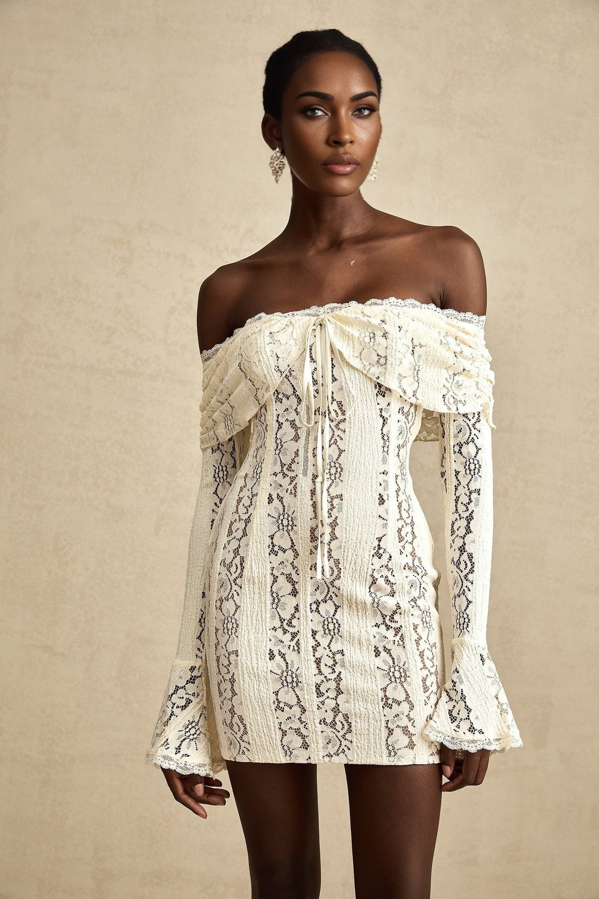 Camilla Mini Dress – Long Sleeves – Off the Shoulder – Floral Lace