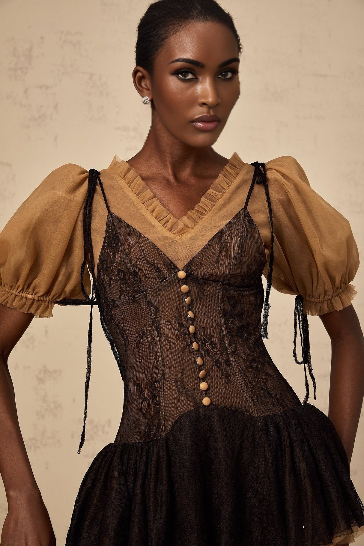 Camilla Mini Dress - V - neck - Short puff sleeves - Self - tie & Boned Bodice - Ruffled & Pleated Details