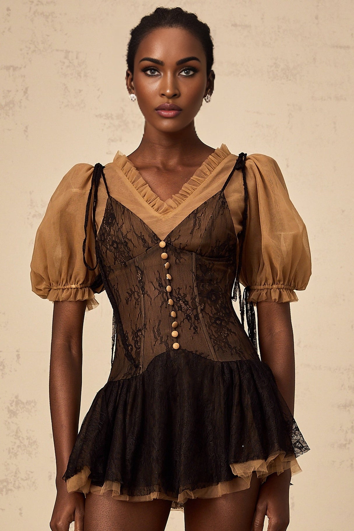 Camilla Mini Dress - V - neck - Short puff sleeves - Self - tie & Boned Bodice - Ruffled & Pleated Details