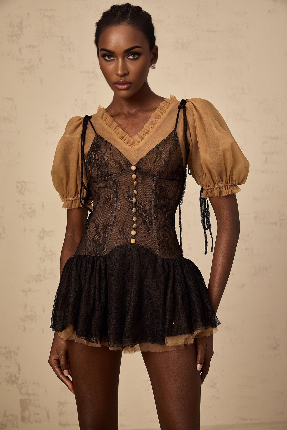 Camilla Mini Dress - V - neck - Short puff sleeves - Self - tie & Boned Bodice - Ruffled & Pleated Details