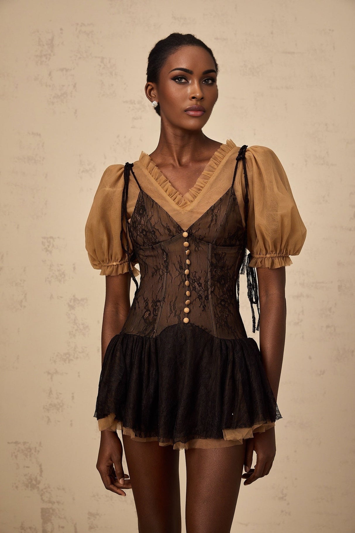 Camilla Mini Dress - V - neck - Short puff sleeves - Self - tie & Boned Bodice - Ruffled & Pleated Details