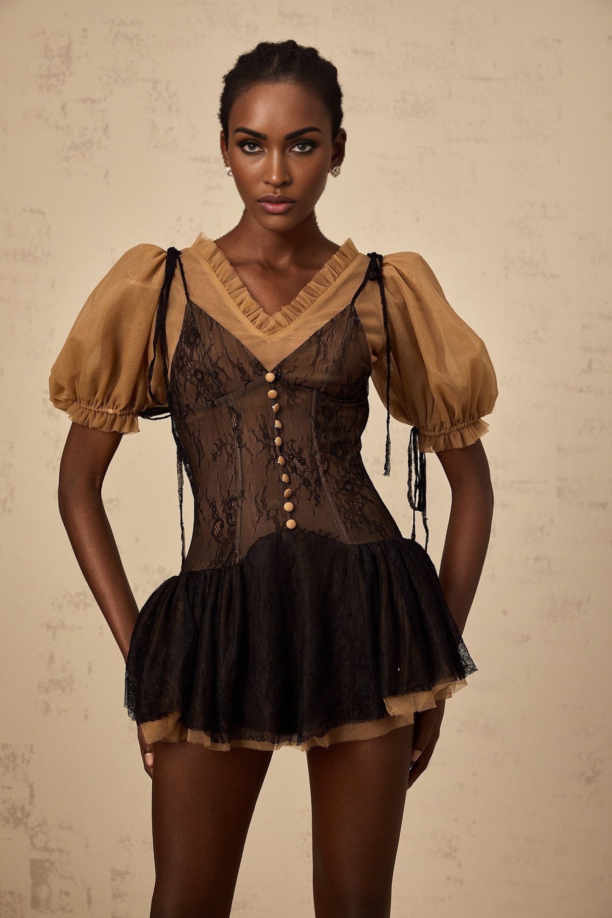Camilla Mini Dress - V - neck - Short puff sleeves - Self - tie & Boned Bodice - Ruffled & Pleated Details