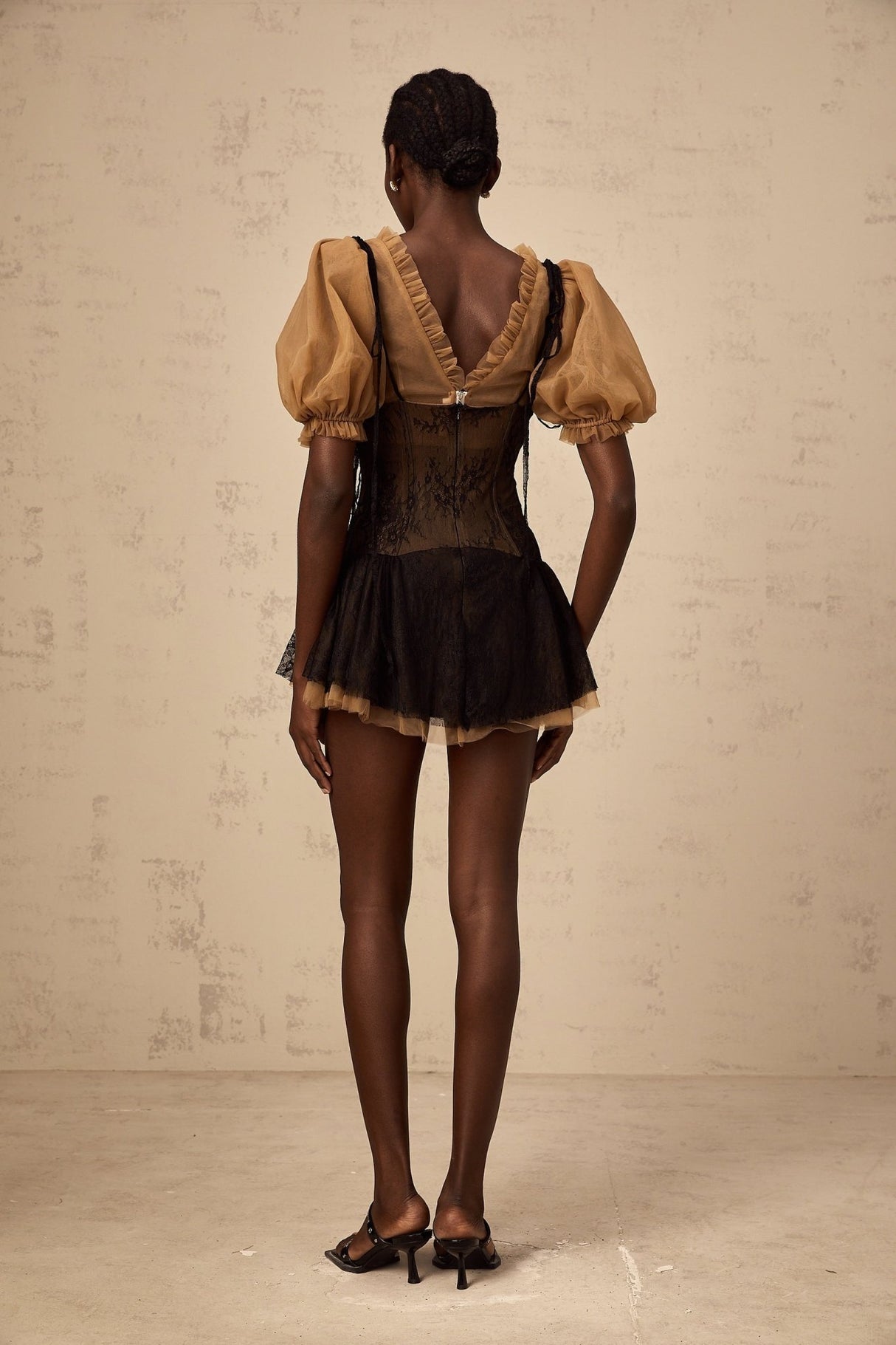 Camilla Mini Dress - V - neck - Short puff sleeves - Self - tie & Boned Bodice - Ruffled & Pleated Details