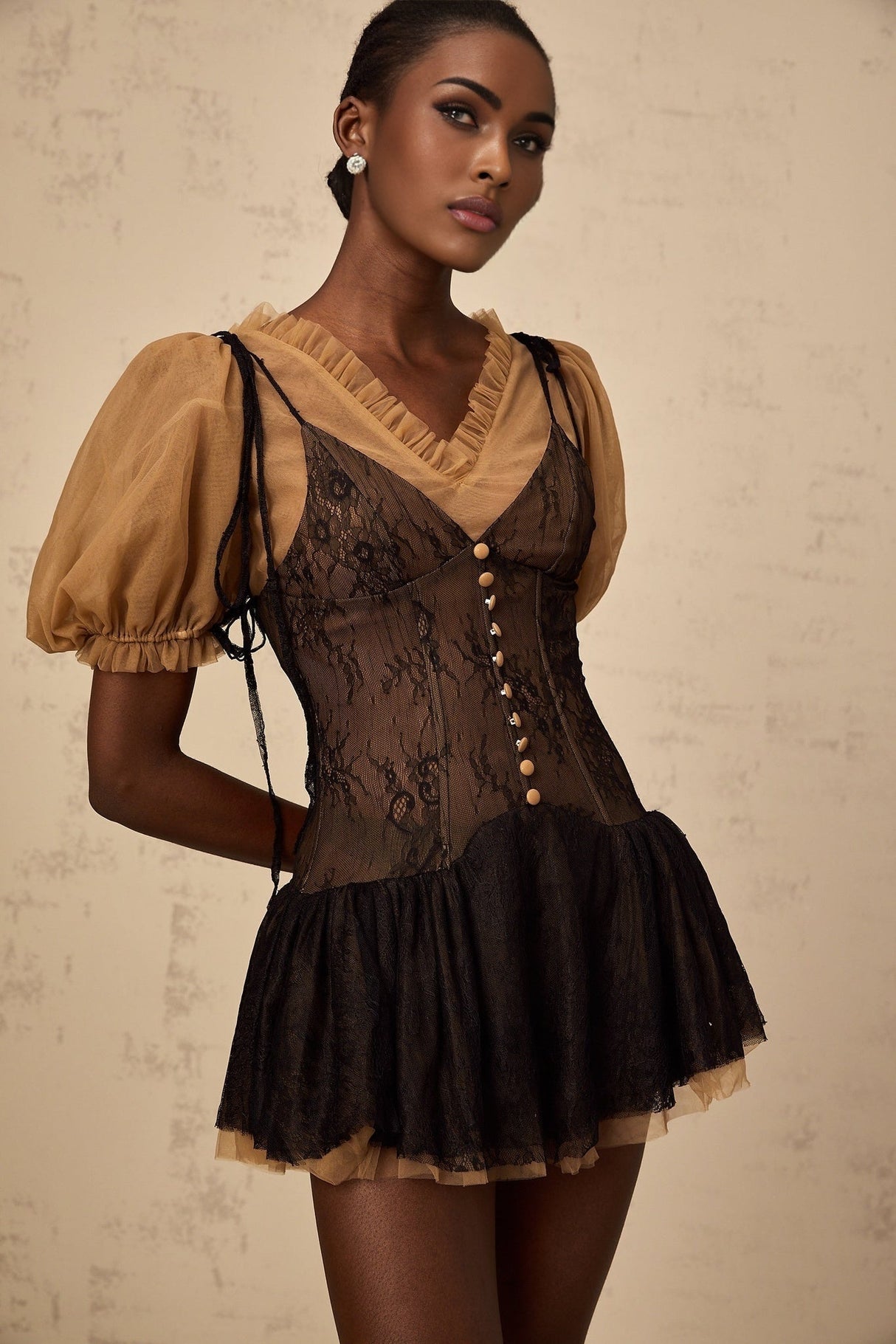 Camilla Mini Dress - V - neck - Short puff sleeves - Self - tie & Boned Bodice - Ruffled & Pleated Details