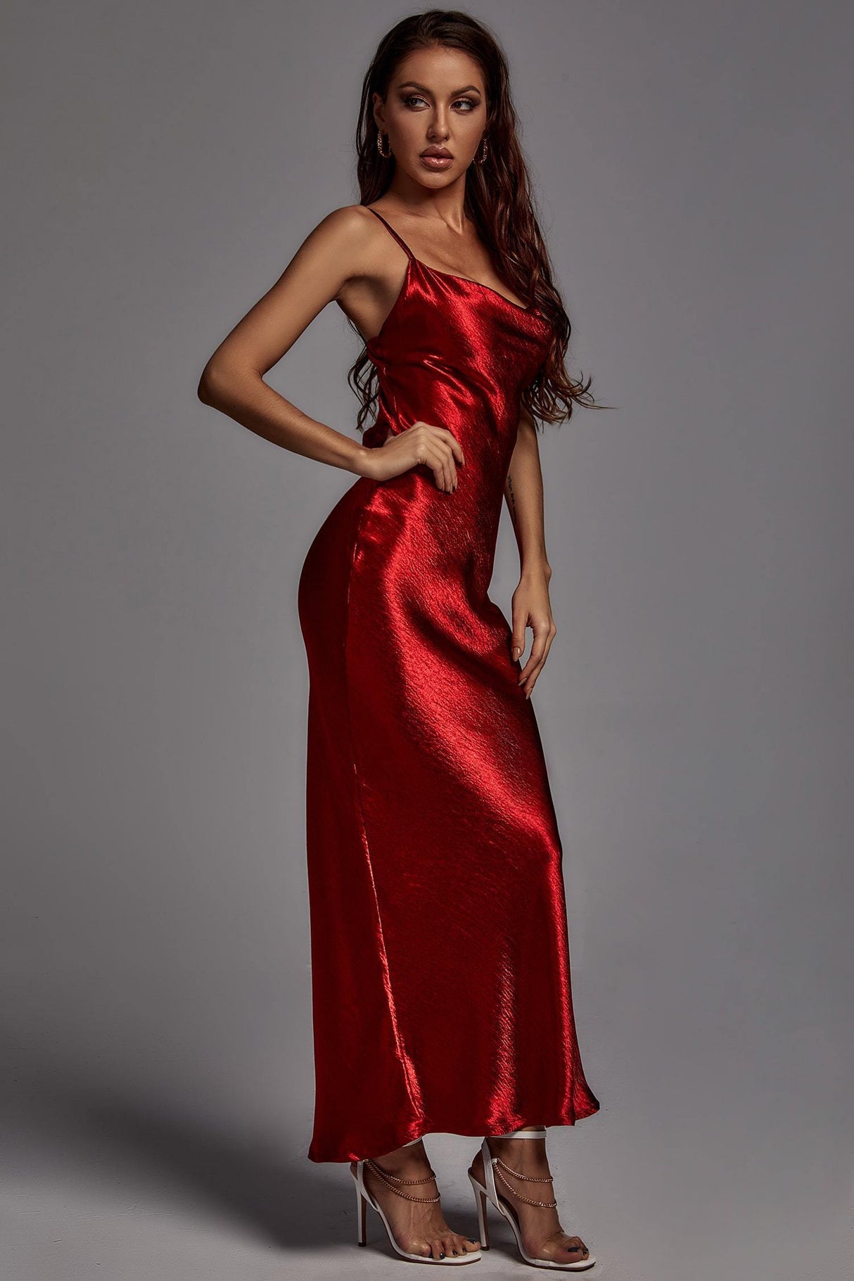 Camilla Red Metallic Dress Spaghetti Strap Scoop Neckline Formal Event Special Occasion Elegance Sophistication