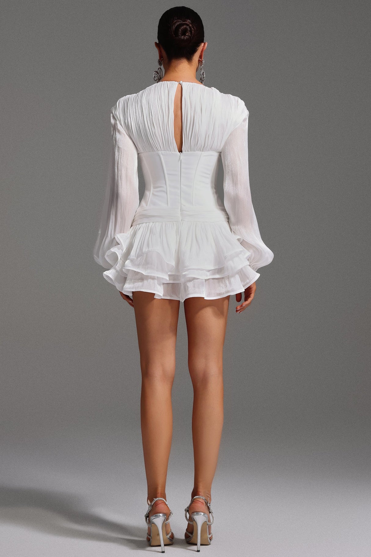 Camilla White V-neckline Long Sleeve Flounce Detailing Dress