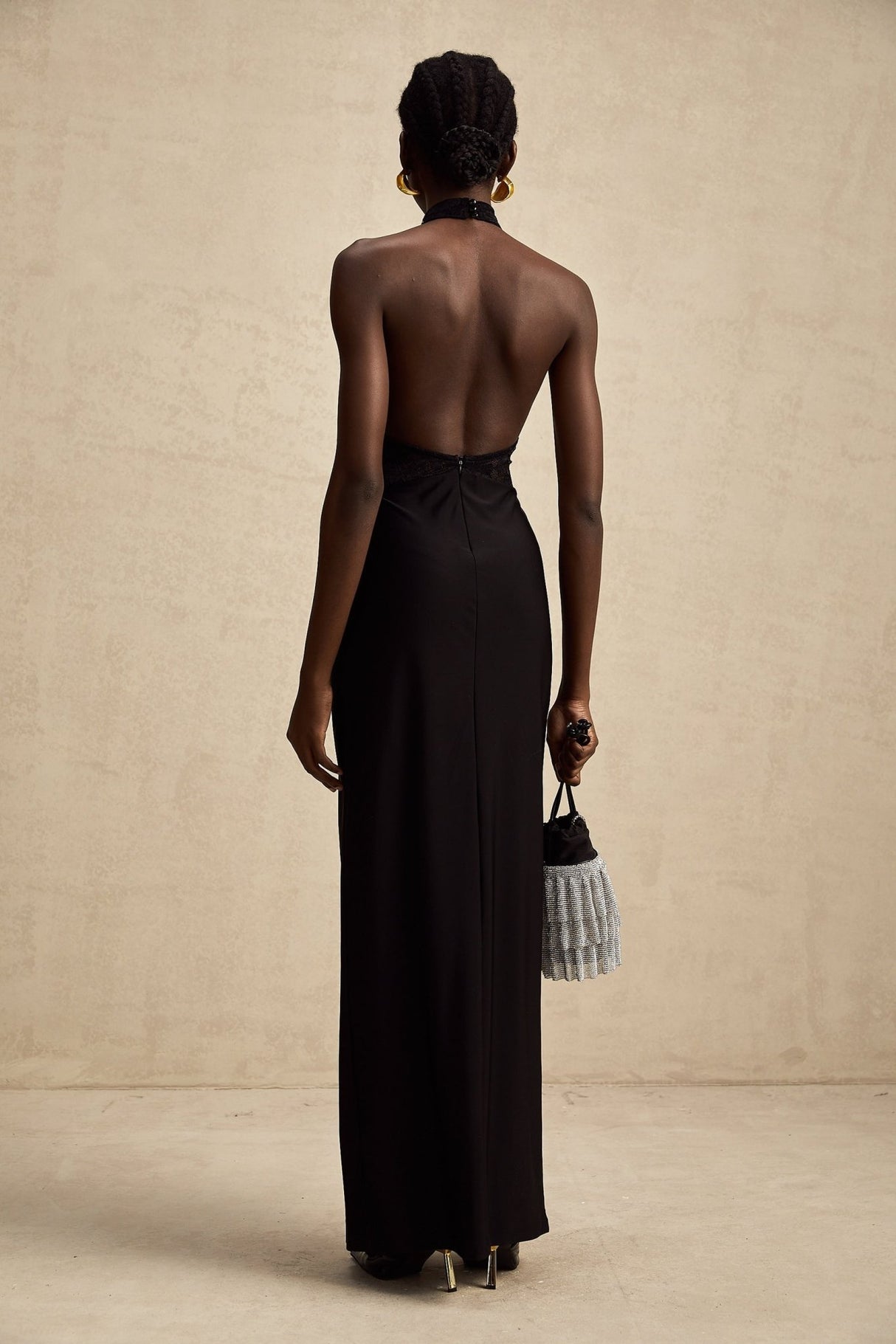 Camille Maxi Dress - Sleeveless - Halterneck - Open Back - Floral Lace Ruffle PanelHalter Maxi Dress - Lace Bodice - Open Back - Panel Design - Ruched Waist