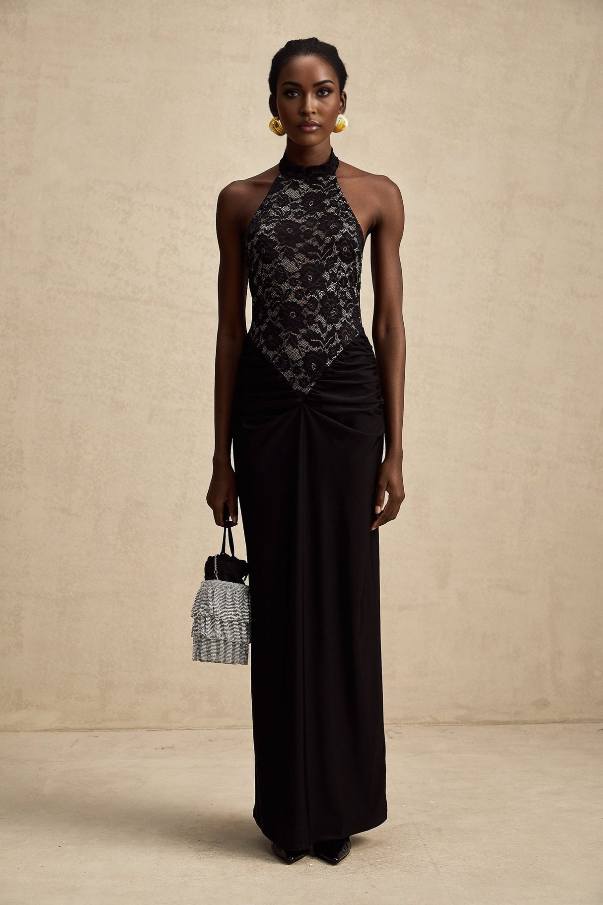 Camille Maxi Dress - Sleeveless - Halterneck - Open Back - Floral Lace Ruffle PanelHalter Maxi Dress - Lace Bodice - Open Back - Panel Design - Ruched Waist