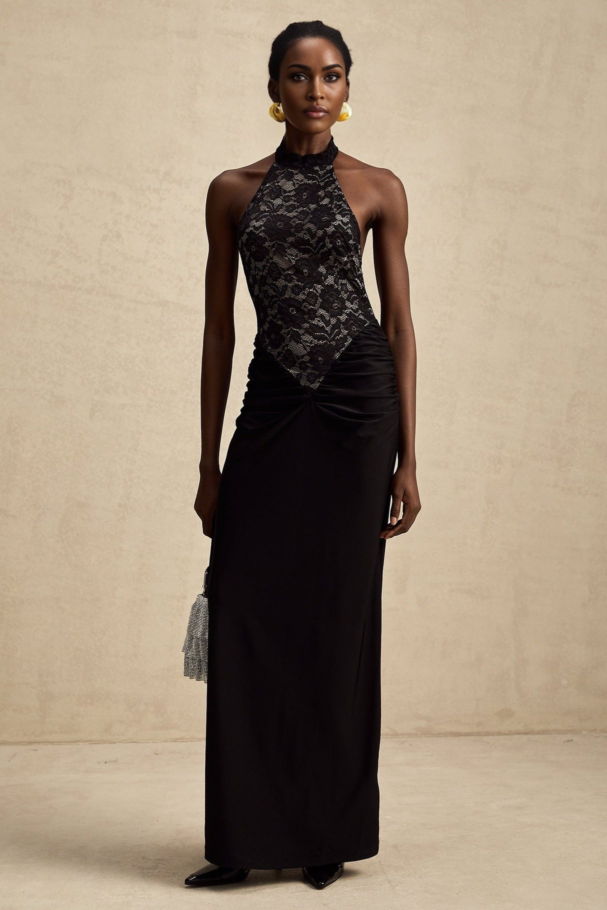 Camille Maxi Dress - Sleeveless - Halterneck - Open Back - Floral Lace Ruffle PanelHalter Maxi Dress - Lace Bodice - Open Back - Panel Design - Ruched Waist