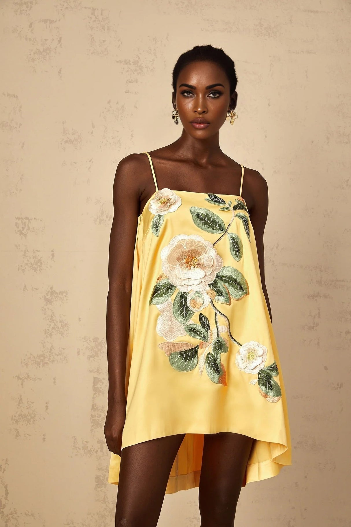 Camryn Mini Dress Yellow Floral Embroidered Chic Asymmetrical Hem