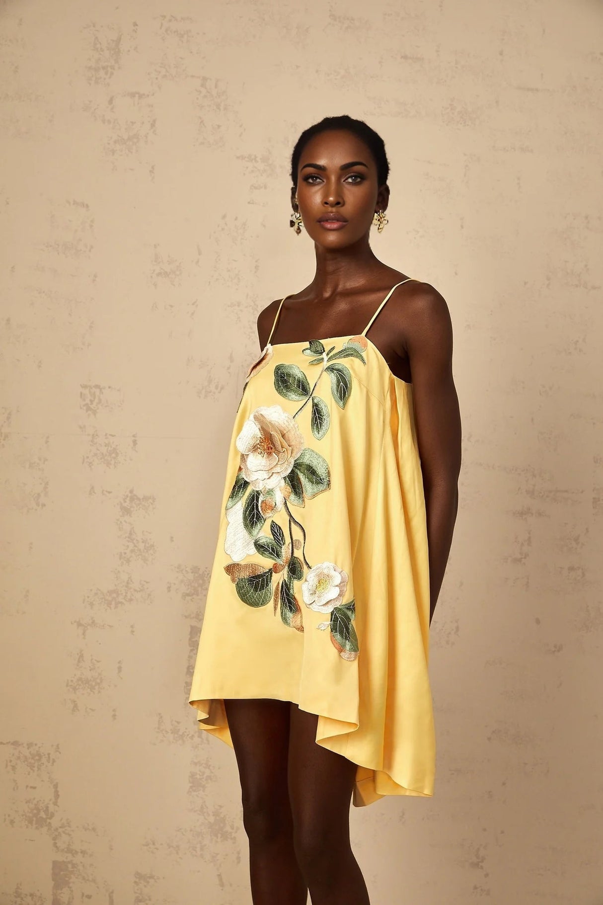 Camryn Mini Dress Yellow Floral Embroidered Chic Asymmetrical Hem