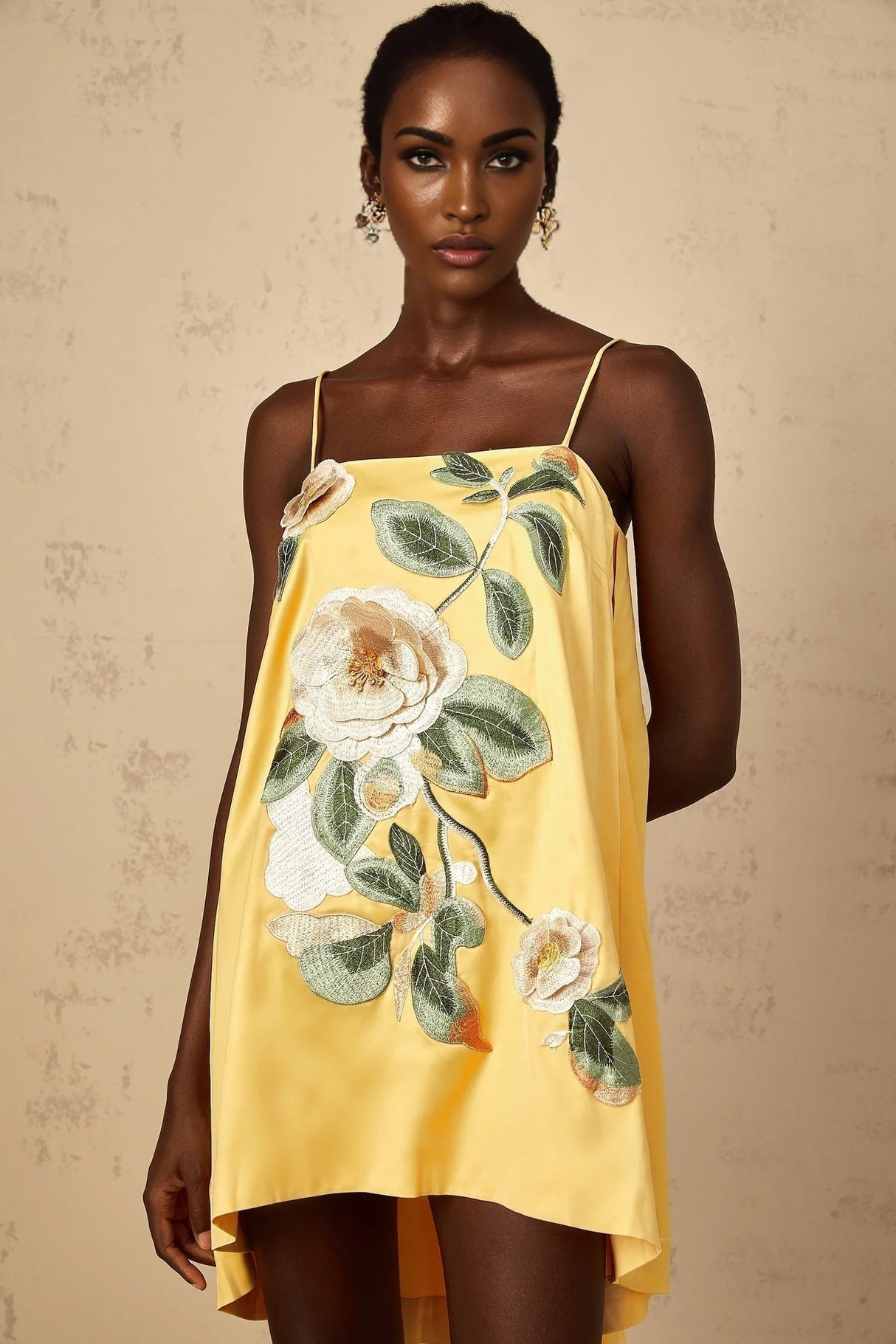 Camryn Mini Dress Yellow Floral Embroidered Chic Asymmetrical Hem