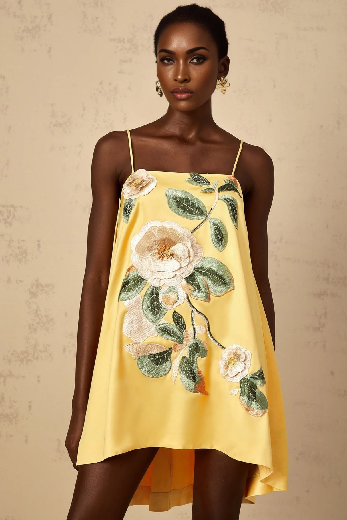 Camryn Mini Dress Yellow Floral Embroidered Chic Asymmetrical Hem