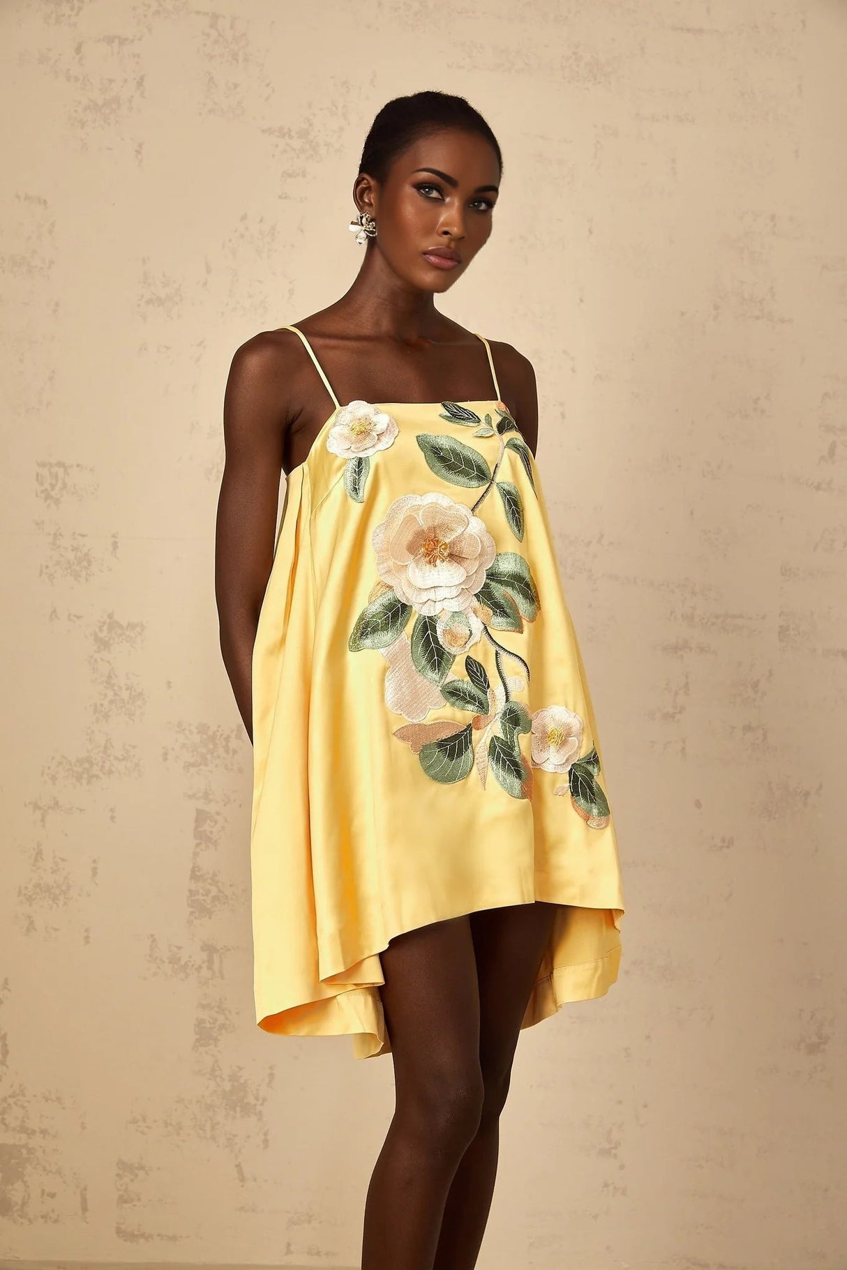 Camryn Mini Dress Yellow Floral Embroidered Chic Asymmetrical Hem