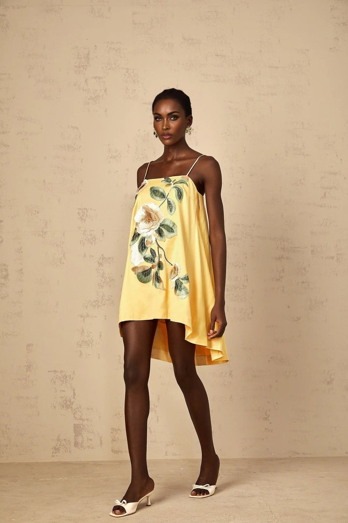 Camryn Mini Dress Yellow Floral Embroidered Chic Asymmetrical Hem