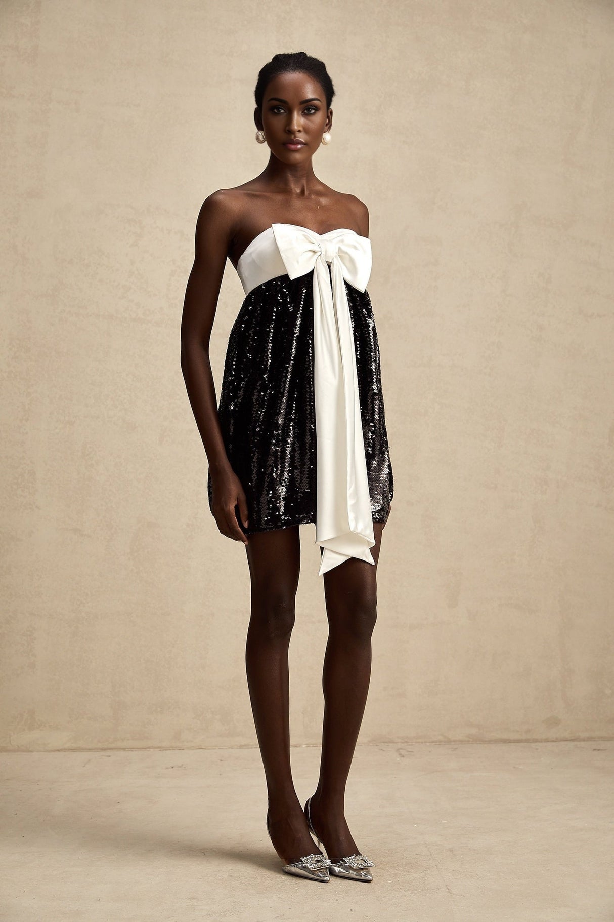 Candice Sequin Mini Dress - Strapless - Statement Bow - Color Block - Zip Back