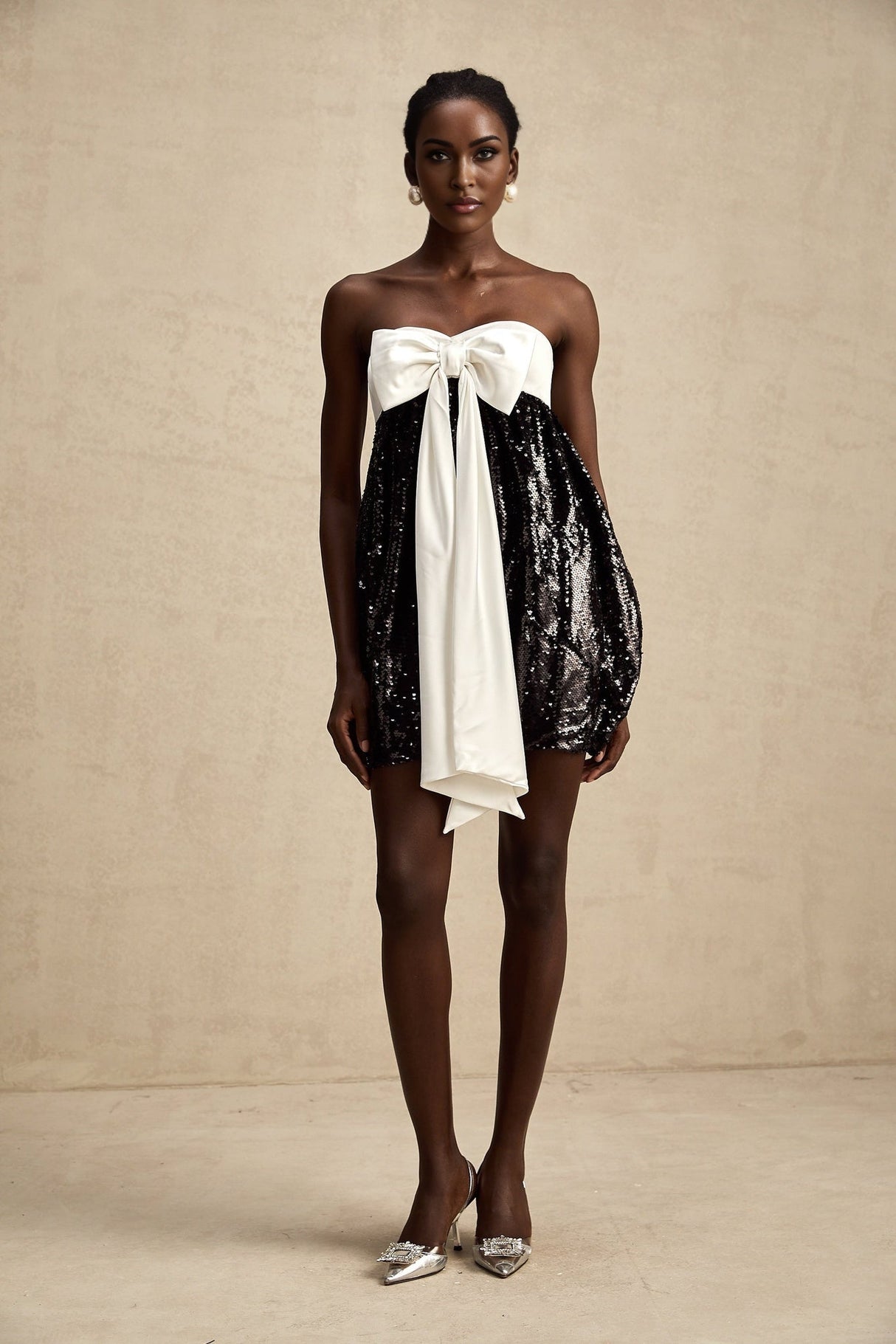 Candice Sequin Mini Dress - Strapless - Statement Bow - Color Block - Zip Back