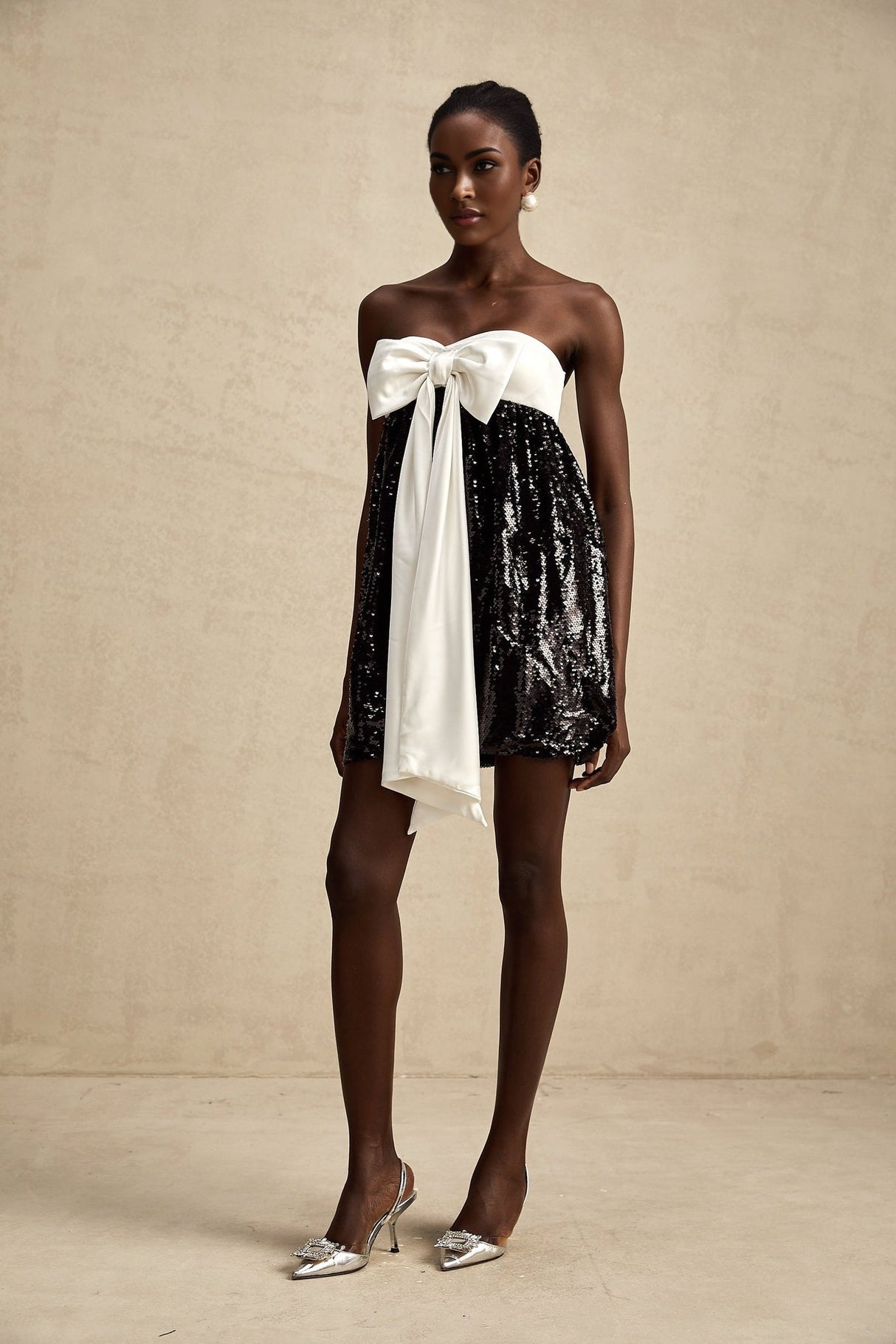 Candice Sequin Mini Dress - Strapless - Statement Bow - Color Block - Zip Back