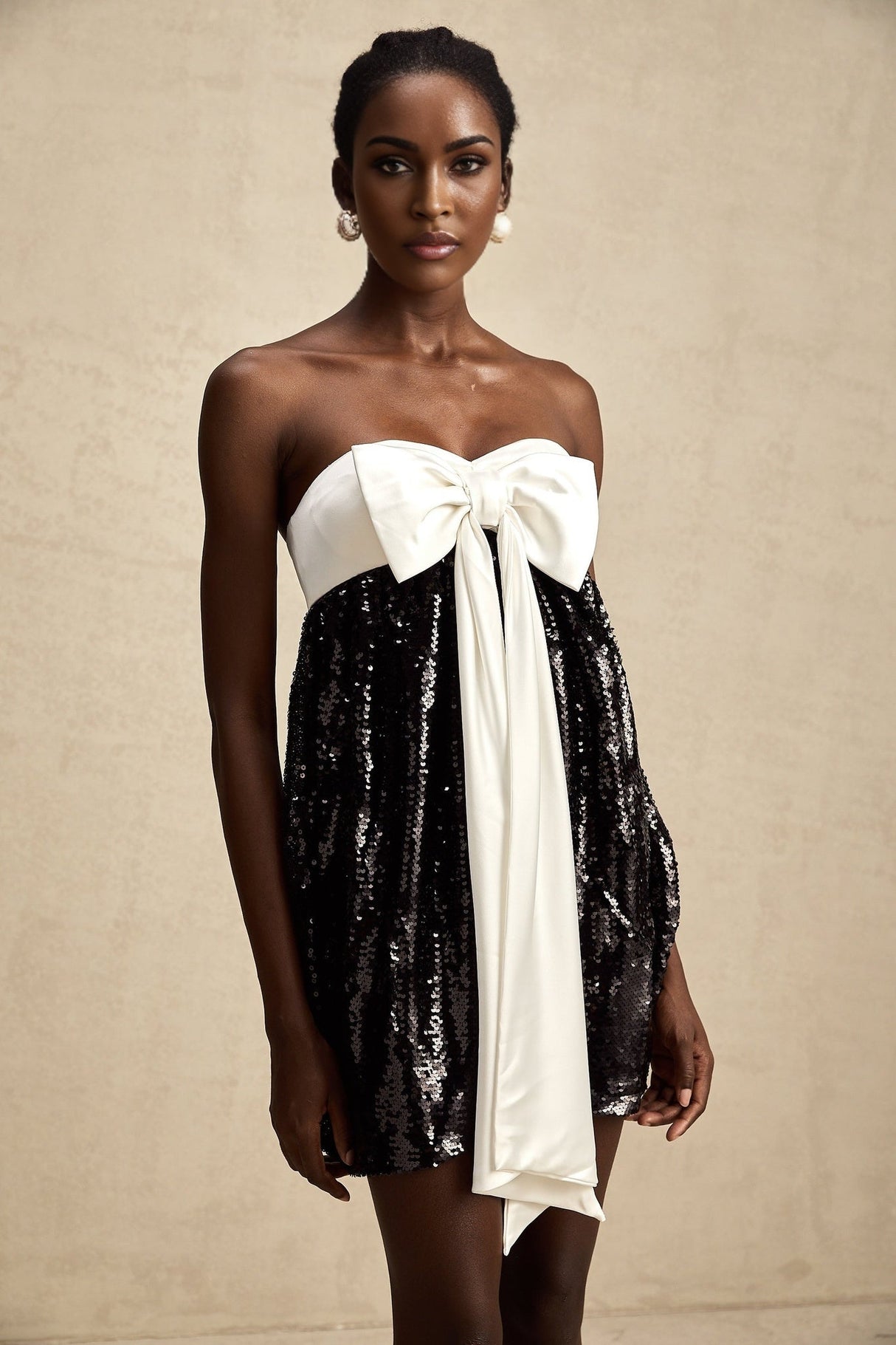 Candice Sequin Mini Dress - Strapless - Statement Bow - Color Block - Zip Back