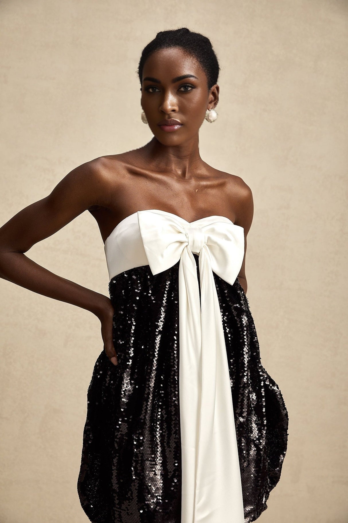 Candice Sequin Mini Dress - Strapless - Statement Bow - Color Block - Zip Back