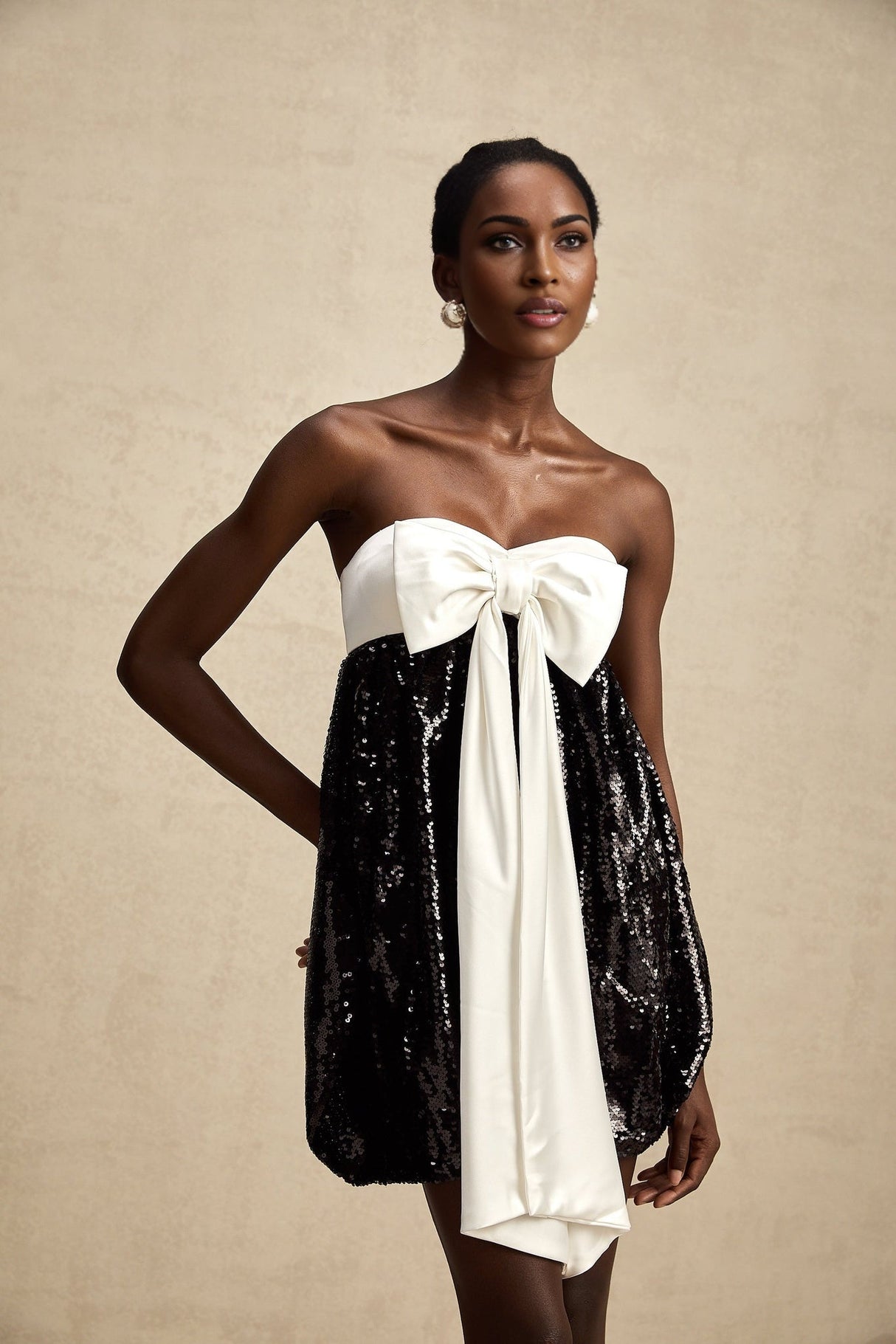 Candice Sequin Mini Dress - Strapless - Statement Bow - Color Block - Zip Back