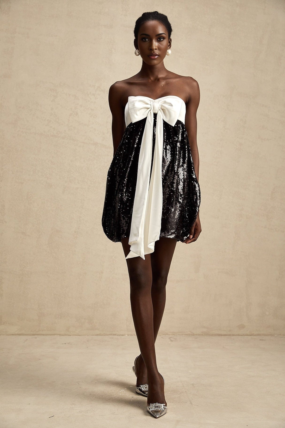 Candice Sequin Mini Dress - Strapless - Statement Bow - Color Block - Zip Back