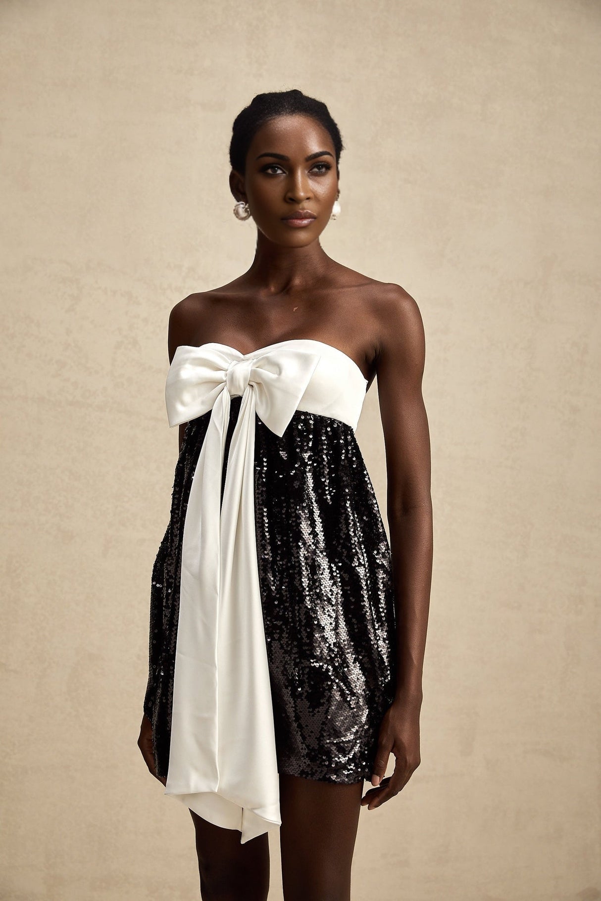 Candice Sequin Mini Dress - Strapless - Statement Bow - Color Block - Zip Back