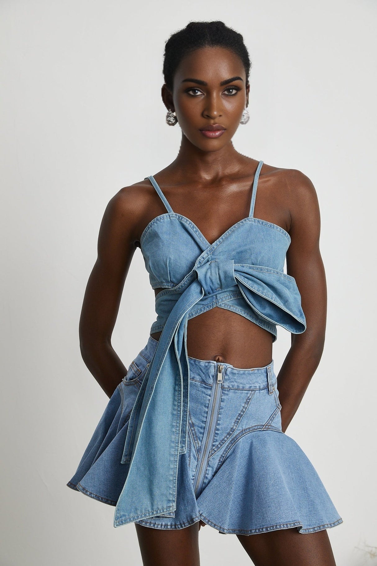 Capucine Denim Flared Skirt - Eye - Catching Frilled Hem - Allover Pleats And Ruffles - Zipper Closure - Functional Pockets