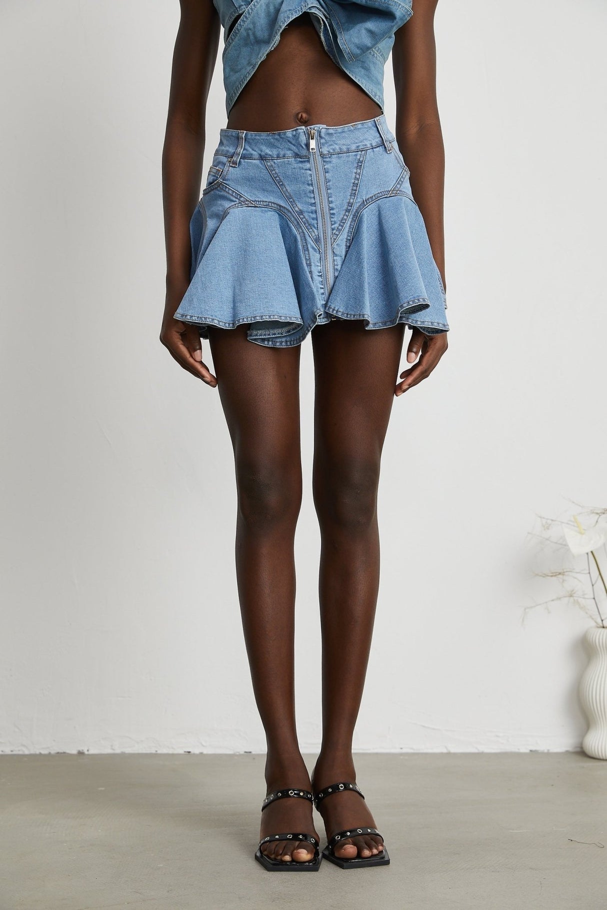 Capucine Denim Flared Skirt - Eye - Catching Frilled Hem - Allover Pleats And Ruffles - Zipper Closure - Functional Pockets
