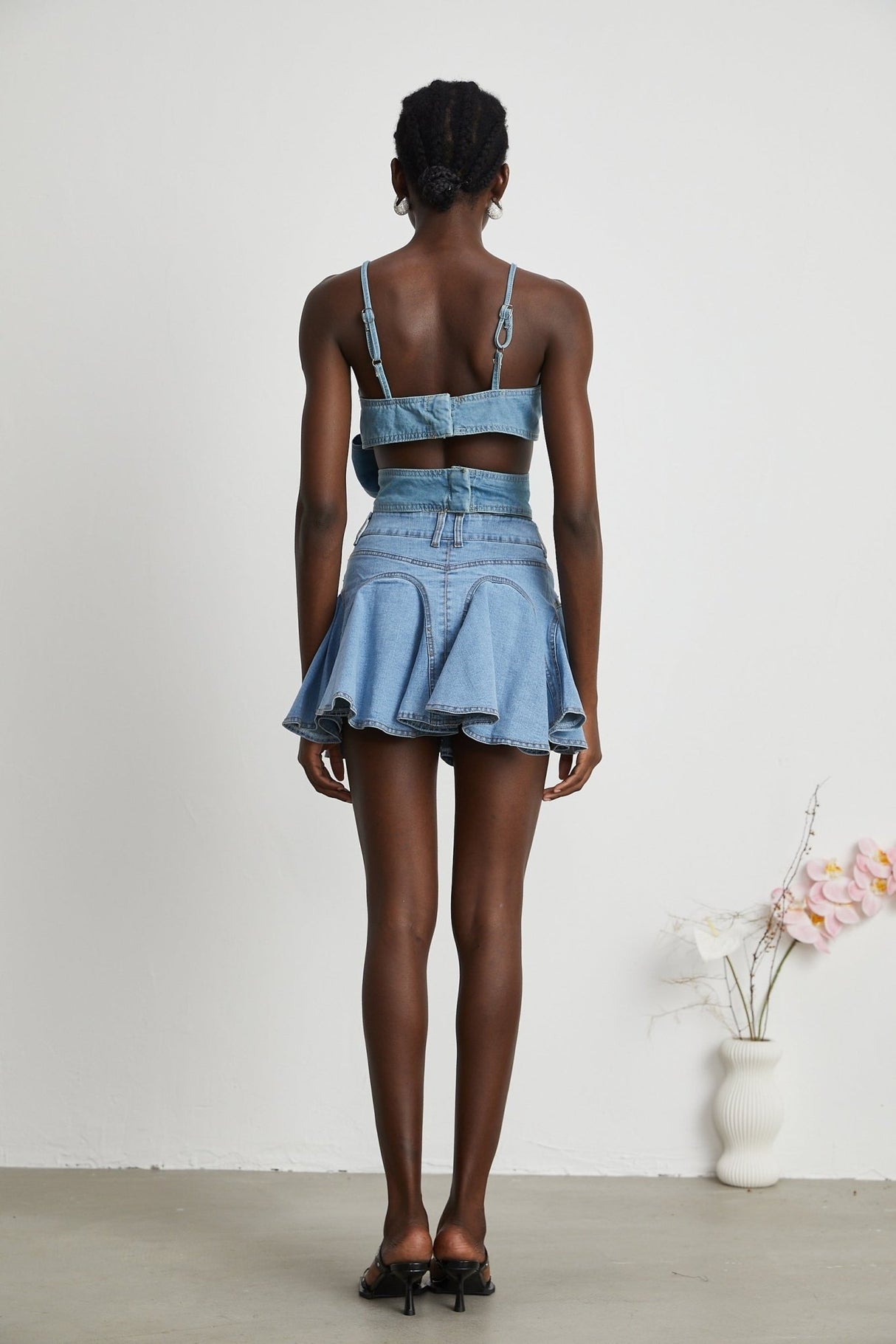 Capucine Denim Flared Skirt - Eye - Catching Frilled Hem - Allover Pleats And Ruffles - Zipper Closure - Functional Pockets