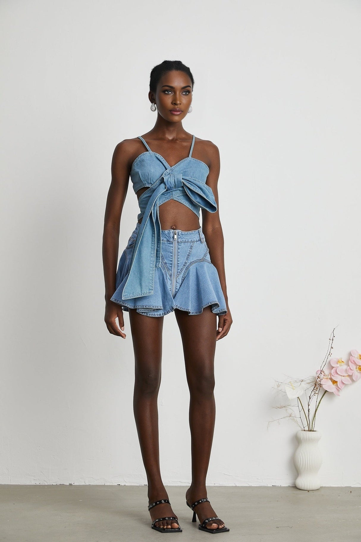 Capucine Denim Flared Skirt - Eye - Catching Frilled Hem - Allover Pleats And Ruffles - Zipper Closure - Functional Pockets