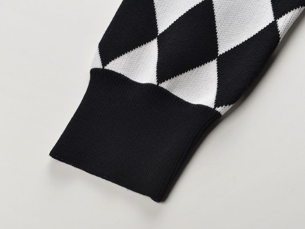 Cardigan - Classic Silhouette - Harlequin Pattern - Bold Contrast - Relaxed Fit - Gold Button Accents