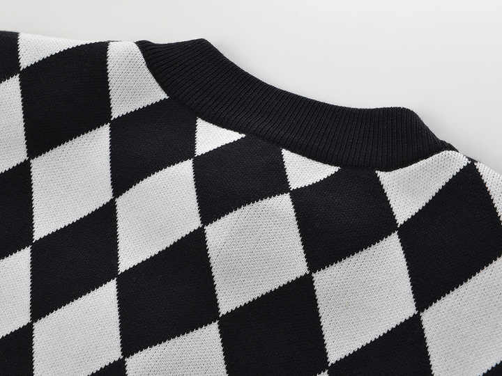 Cardigan - Classic Silhouette - Harlequin Pattern - Bold Contrast - Relaxed Fit - Gold Button Accents