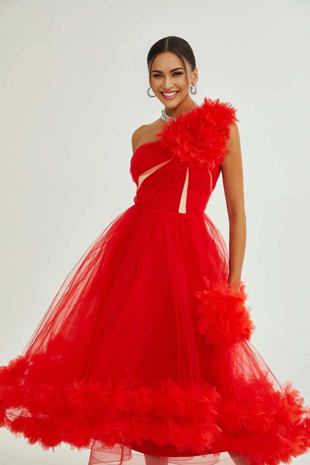 Carla Midi Dress - Mono Shoulder - Tulle Panels - Gathered Detailing - Faux Flower Detailing - Rear Zip Fastening