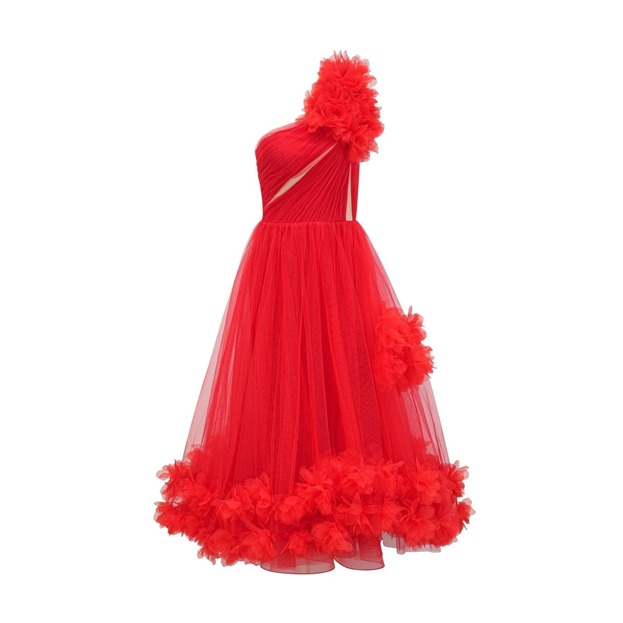 Carla Midi Dress - Mono Shoulder - Tulle Panels - Gathered Detailing - Faux Flower Detailing - Rear Zip Fastening