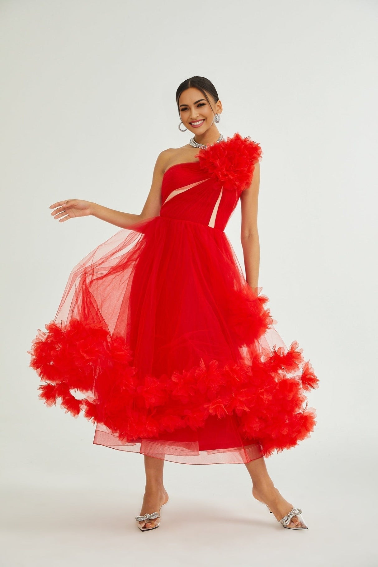 Carla Midi Dress - Mono Shoulder - Tulle Panels - Gathered Detailing - Faux Flower Detailing - Rear Zip Fastening