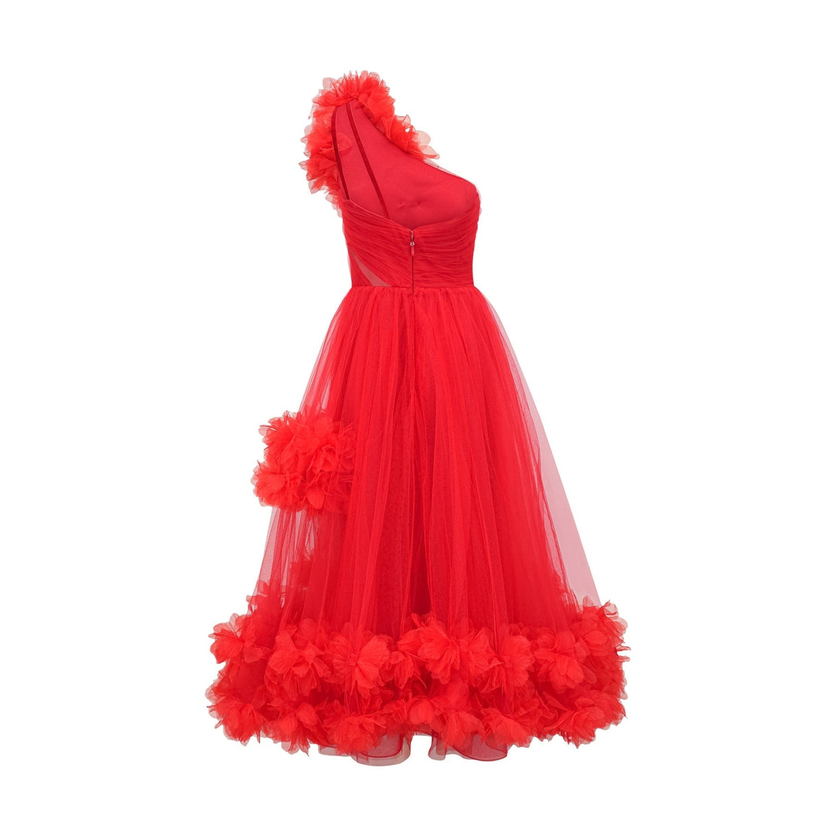 Carla Midi Dress - Mono Shoulder - Tulle Panels - Gathered Detailing - Faux Flower Detailing - Rear Zip Fastening