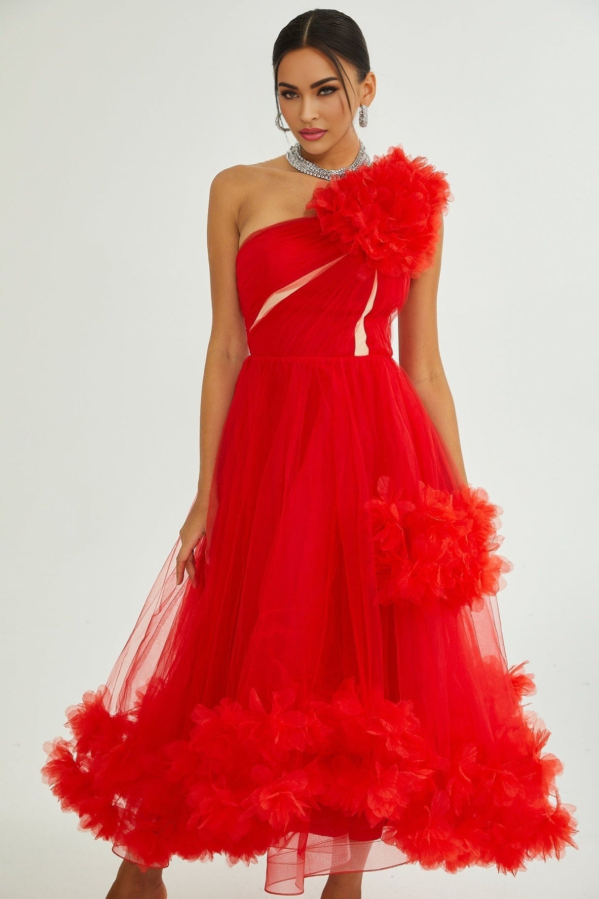 Carla Midi Dress - Mono Shoulder - Tulle Panels - Gathered Detailing - Faux Flower Detailing - Rear Zip Fastening